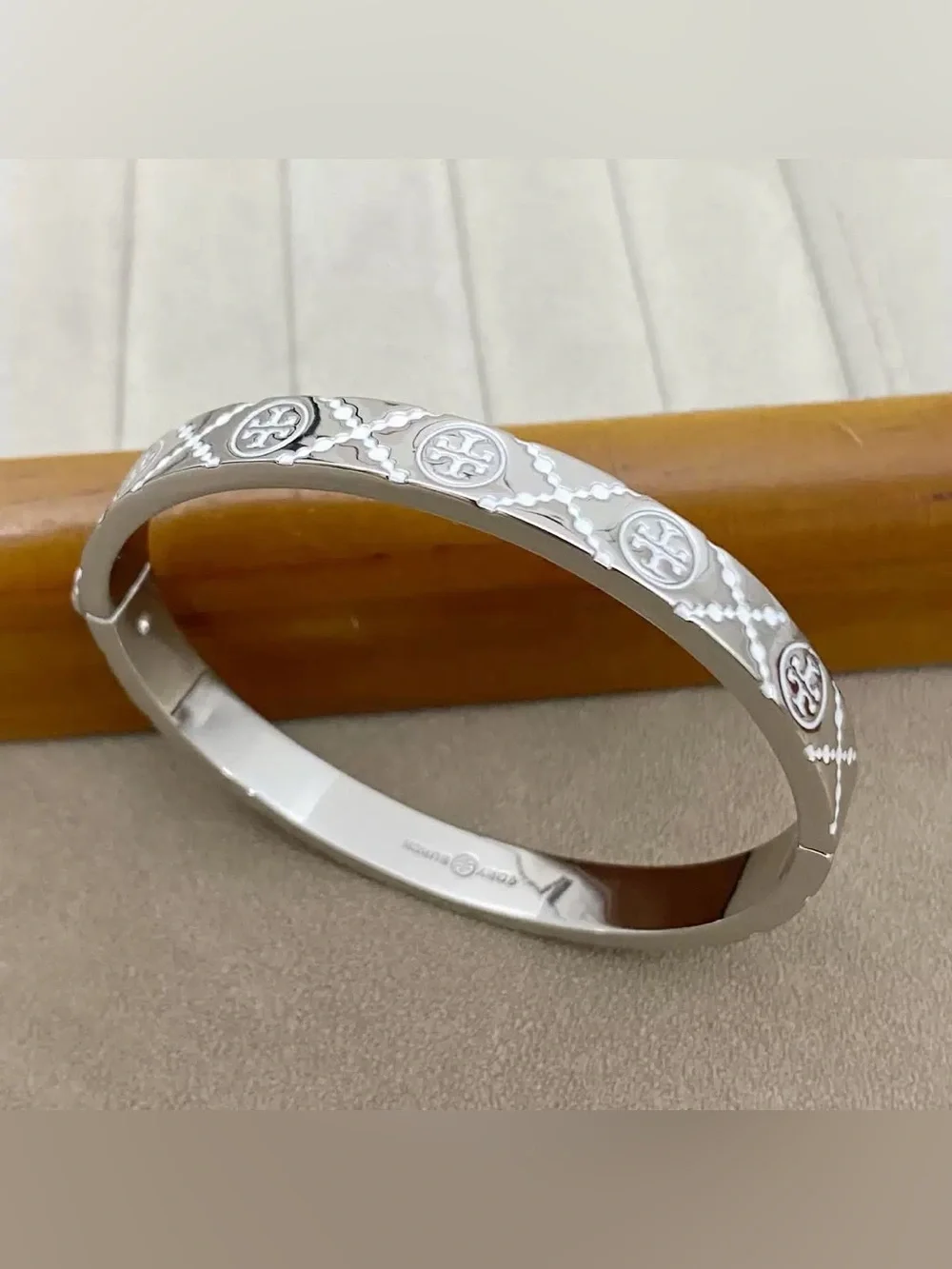Tory Burch Silver White Line Monogram Logo  Bangle